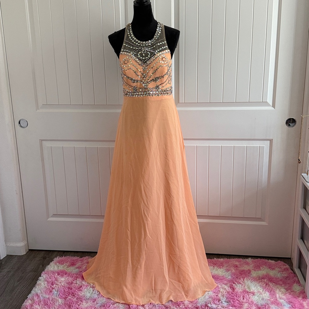 Elegant Peach Embellished Prom Dress